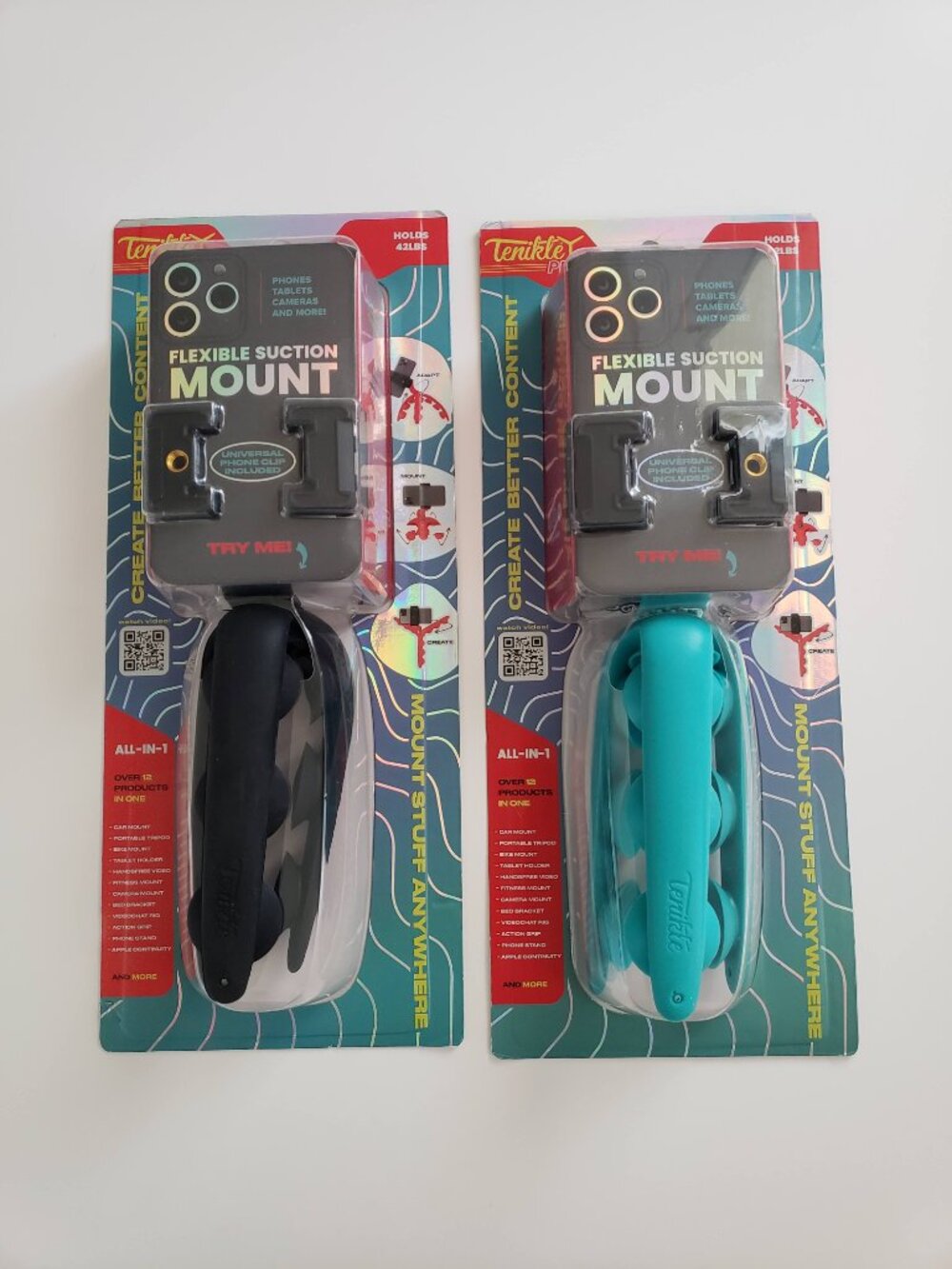 2 Pack NIB Tenikle PRO Flexible Suction Phone Tripod Car Mount Black & Teal Set
